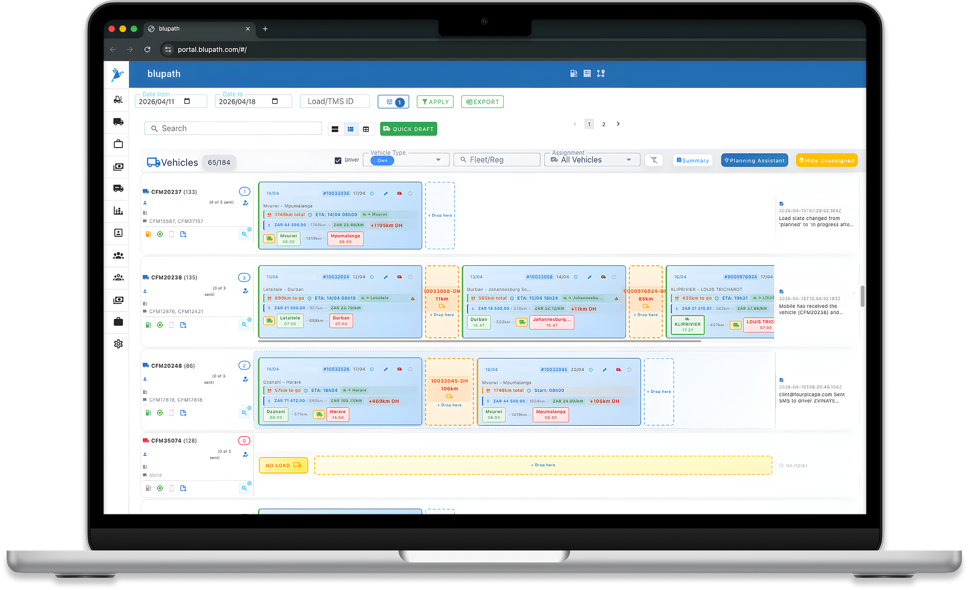 Blupath transport management platform showing pricing features, integrations and operational tools